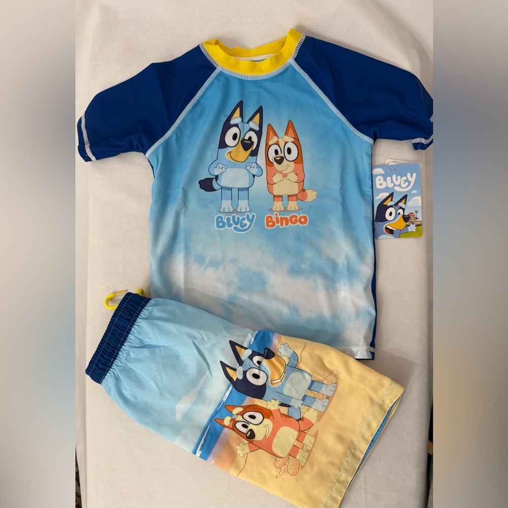 Bluey UPF 50+ Pullover Rash Guard and Swim Trunks Outfit Set Little Kid 5/6